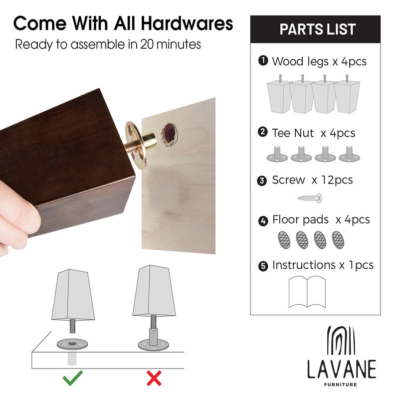 La Vane 8 inch / 20cm Unfinished Wooden Furniture Legs, 4PCS Soild Wood Turned Spindle Replacement Bun Feet with Pre-Drilled M8 Inch Bolt & Mounting Plate for Sofa Couch Chair Ottoman - Image 5